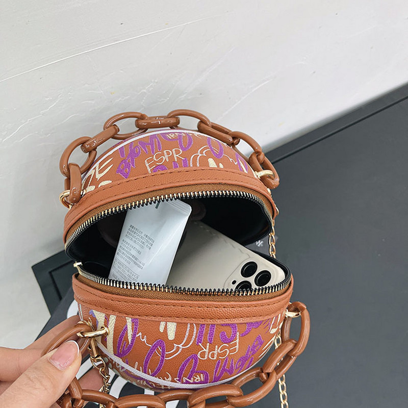 2023 Women Personality Graffiti Στρογγυλή τσάντα μπάλας Μαλακό PU δερμάτινο χιαστί ακρυλική αλυσίδα Τσάντες και πορτοφόλια Γυναικεία τσάντα μπάσκετ