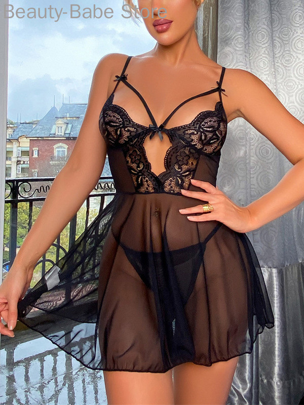 Rochie de lenjerie de dormit sexy pentru femei, cu decor cu fundiță, dantelă, plasă transparentă, Babydoll