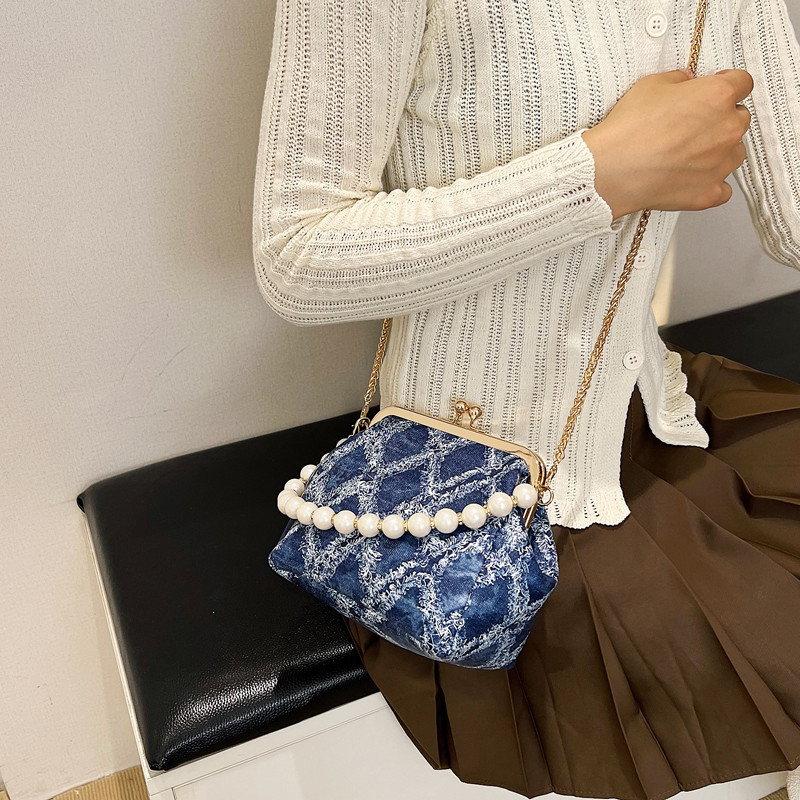 Γυναικείες τζιν τσάντες ώμου Τσάντα χειρός με πέρλες επάνω λαβή χιαστί