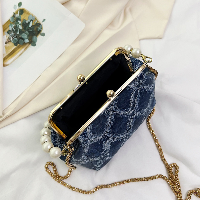 Γυναικείες τζιν τσάντες ώμου Τσάντα χειρός με πέρλες επάνω λαβή χιαστί