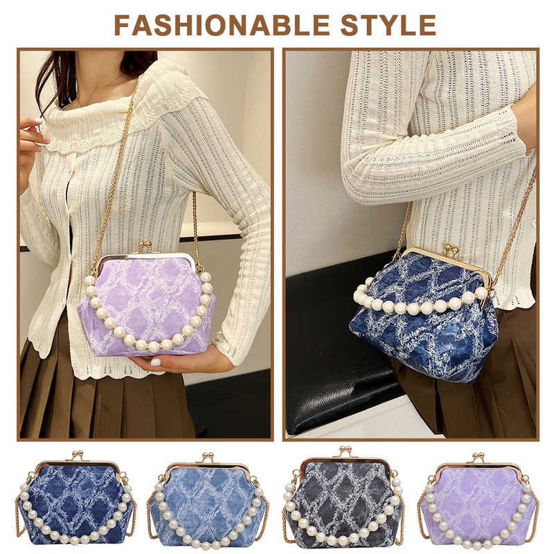 Γυναικείες τζιν τσάντες ώμου Τσάντα χειρός με πέρλες επάνω λαβή χιαστί