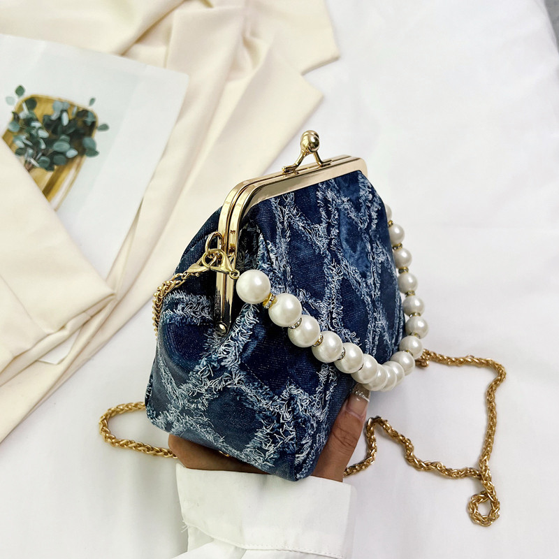 Γυναικείες τζιν τσάντες ώμου Τσάντα χειρός με πέρλες επάνω λαβή χιαστί