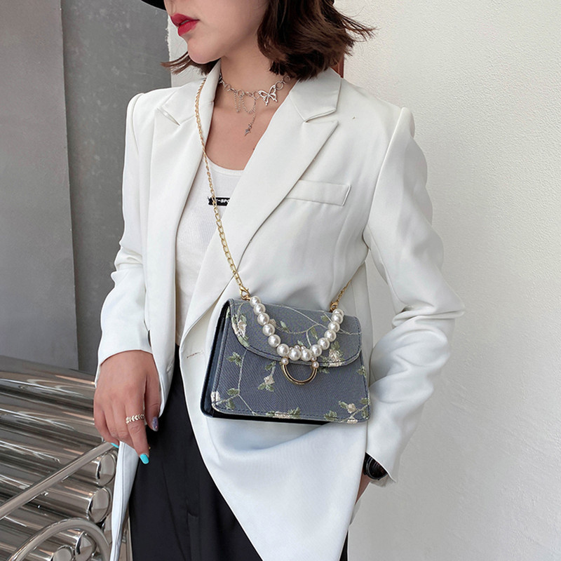 Genți de mână pătrate cu flori din dantelă dulce pentru femei Genți de mână încrucișate din piele PU de înaltă calitate pentru femei Genți de umăr mici cu perle proaspete