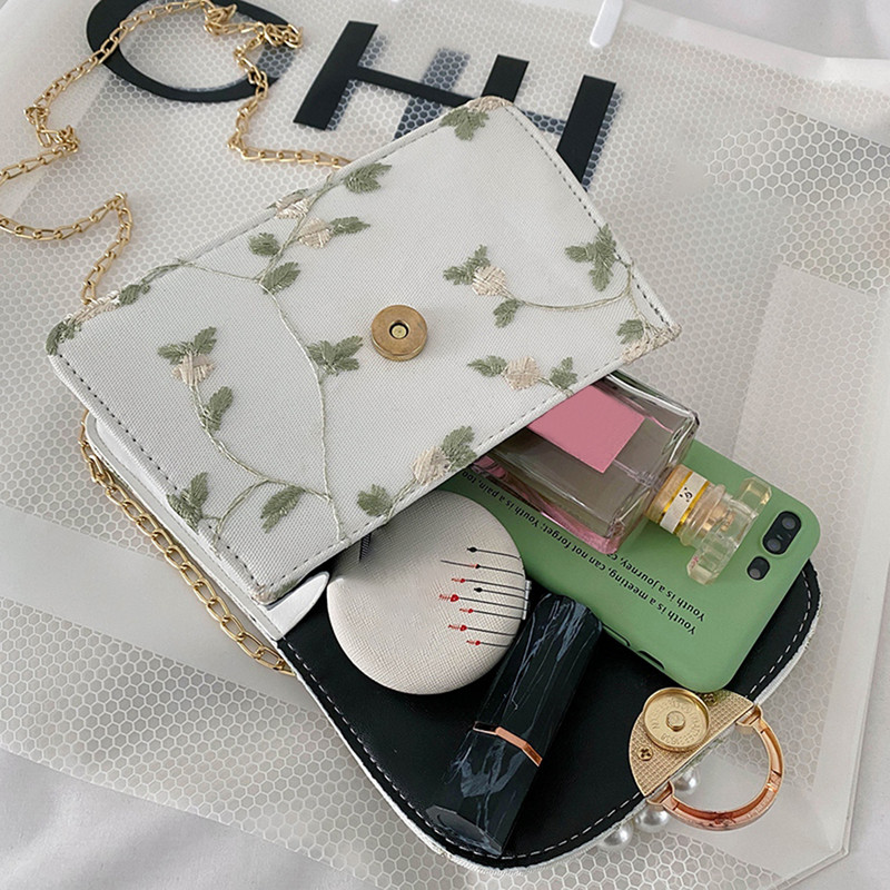 Genți de mână pătrate cu flori din dantelă dulce pentru femei Genți de mână încrucișate din piele PU de înaltă calitate pentru femei Genți de umăr mici cu perle proaspete