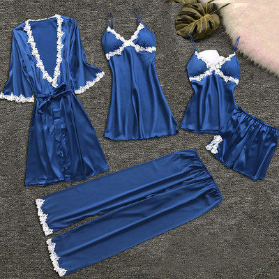 5PC комплект пижами Дамски дантелени гарнитури Сатенени спални дрехи Пижами Femme Пижама Елегантно домашно облекло Кимоно Нощни рокли