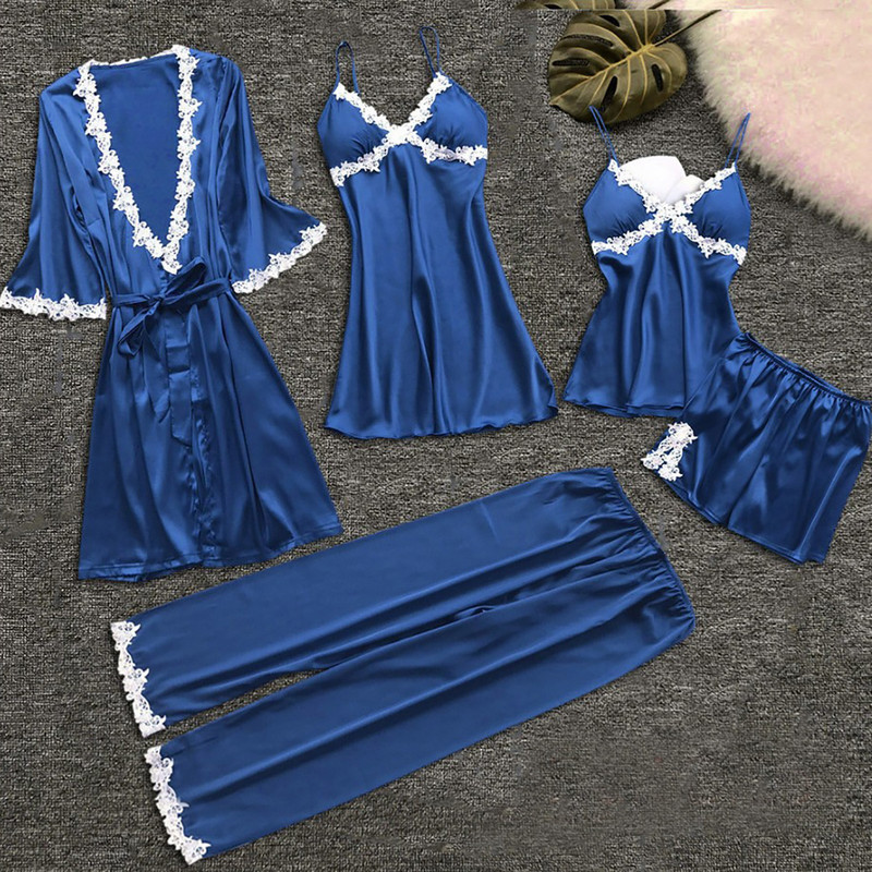 5PC комплект пижами Дамски дантелени гарнитури Сатенени спални дрехи Пижами Femme Пижама Елегантно домашно облекло Кимоно Нощни рокли