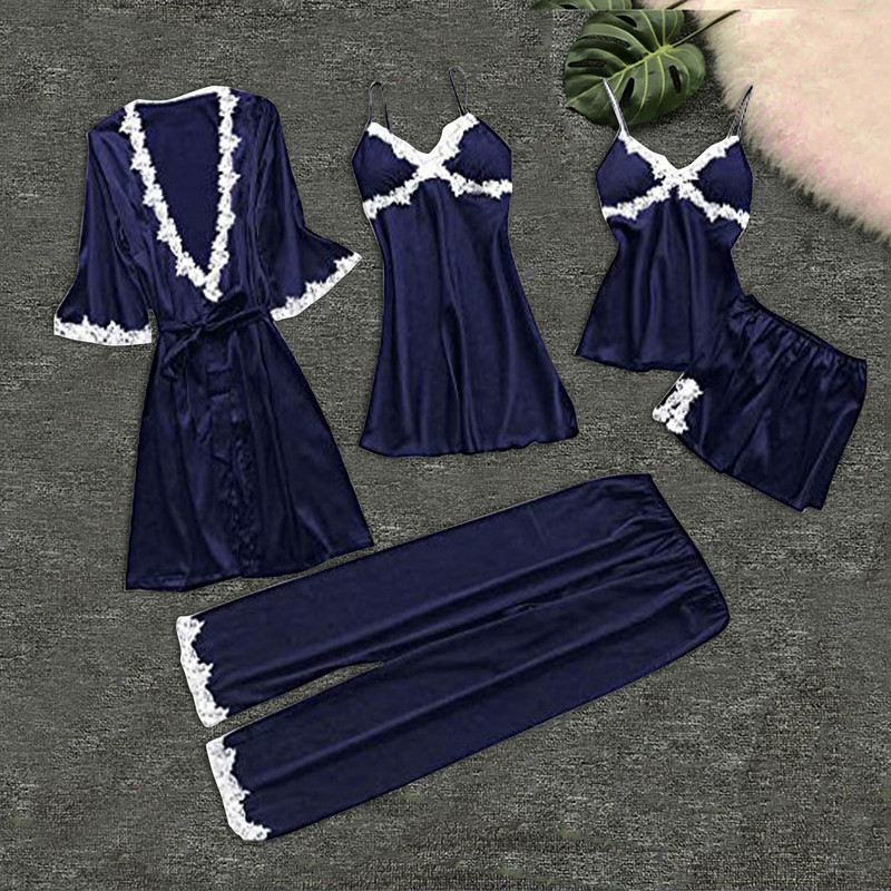 5PC комплект пижами Дамски дантелени гарнитури Сатенени спални дрехи Пижами Femme Пижама Елегантно домашно облекло Кимоно Нощни рокли