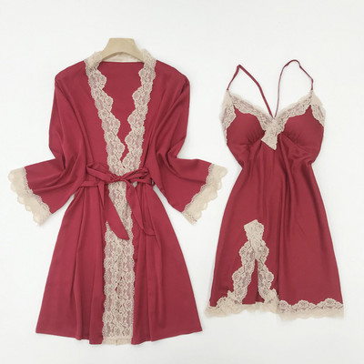 Čipkani kimono ogrtač Odijelo s naramenicama Spavaćica Ženska spavaćica Ljetni ogrtač Seksi satensko donje rublje Spavaćica na naramenice