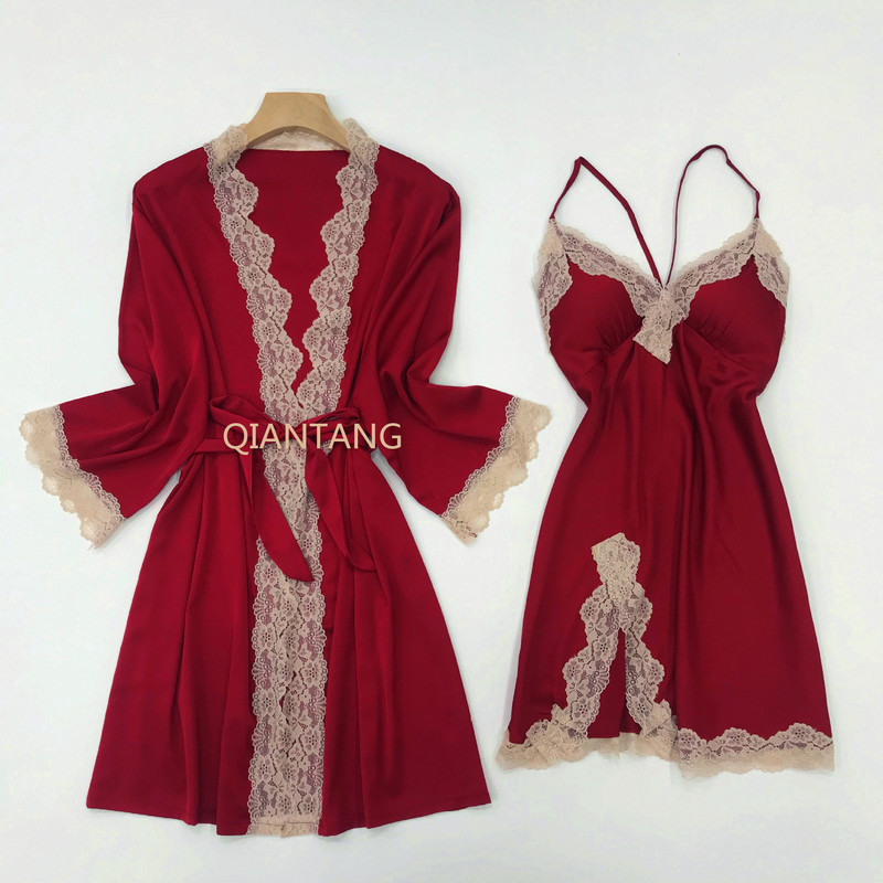 Čipkani kimono ogrtač Odijelo s naramenicama Spavaćica Ženska spavaćica Ljetni ogrtač Seksi satensko donje rublje Spavaćica na naramenice