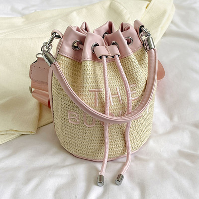 Geanta de găleată pentru femei Geantă de mână cu șnur Tote Geantă Crossbody țesătă cu paie Geantă Boho din ratan Geanta de vară Hobo Messenger