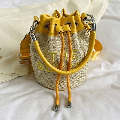 Geanta de găleată pentru femei Geantă de mână cu șnur Tote Geantă Crossbody țesătă cu paie Geantă Boho din ratan Geanta de vară Hobo Messenger