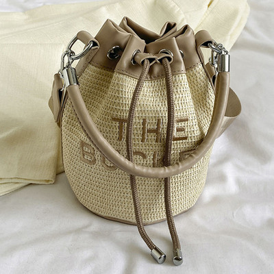 Geanta de găleată pentru femei Geantă de mână cu șnur Tote Geantă Crossbody țesătă cu paie Geantă Boho din ratan Geanta de vară Hobo Messenger