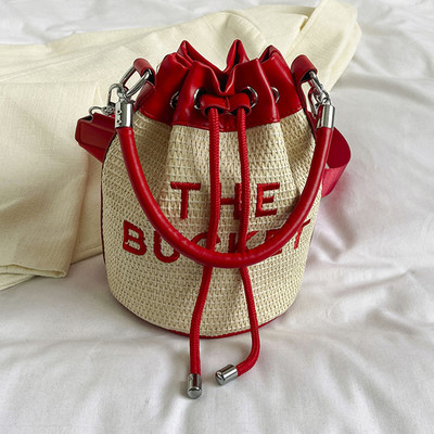 Geanta de găleată pentru femei Geantă de mână cu șnur Tote Geantă Crossbody țesătă cu paie Geantă Boho din ratan Geanta de vară Hobo Messenger