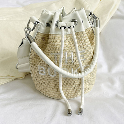 Geanta de găleată pentru femei Geantă de mână cu șnur Tote Geantă Crossbody țesătă cu paie Geantă Boho din ratan Geanta de vară Hobo Messenger