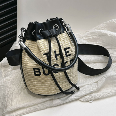 Geanta de găleată pentru femei Geantă de mână cu șnur Tote Geantă Crossbody țesătă cu paie Geantă Boho din ratan Geanta de vară Hobo Messenger