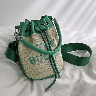 Geanta de găleată pentru femei Geantă de mână cu șnur Tote Geantă Crossbody țesătă cu paie Geantă Boho din ratan Geanta de vară Hobo Messenger