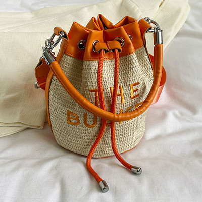 Geanta de găleată pentru femei Geantă de mână cu șnur Tote Geantă Crossbody țesătă cu paie Geantă Boho din ratan Geanta de vară Hobo Messenger