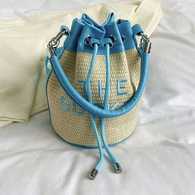 Geanta de găleată pentru femei Geantă de mână cu șnur Tote Geantă Crossbody țesătă cu paie Geantă Boho din ratan Geanta de vară Hobo Messenger