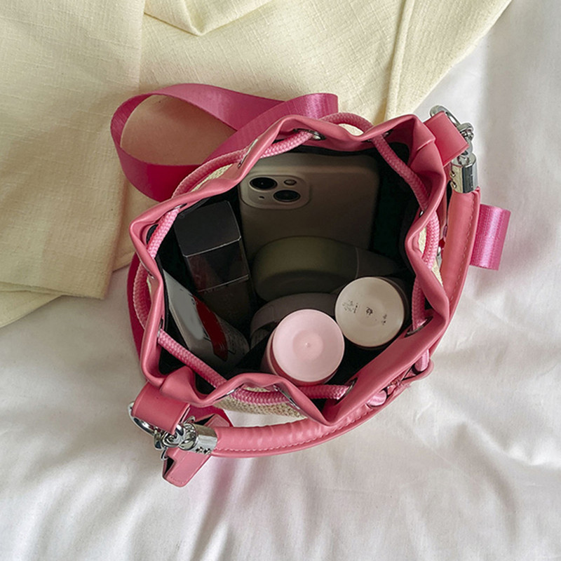 Geanta de găleată pentru femei Geantă de mână cu șnur Tote Geantă Crossbody țesătă cu paie Geantă Boho din ratan Geanta de vară Hobo Messenger