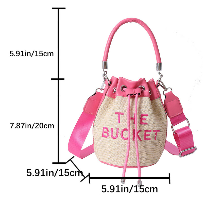 Geanta de găleată pentru femei Geantă de mână cu șnur Tote Geantă Crossbody țesătă cu paie Geantă Boho din ratan Geanta de vară Hobo Messenger