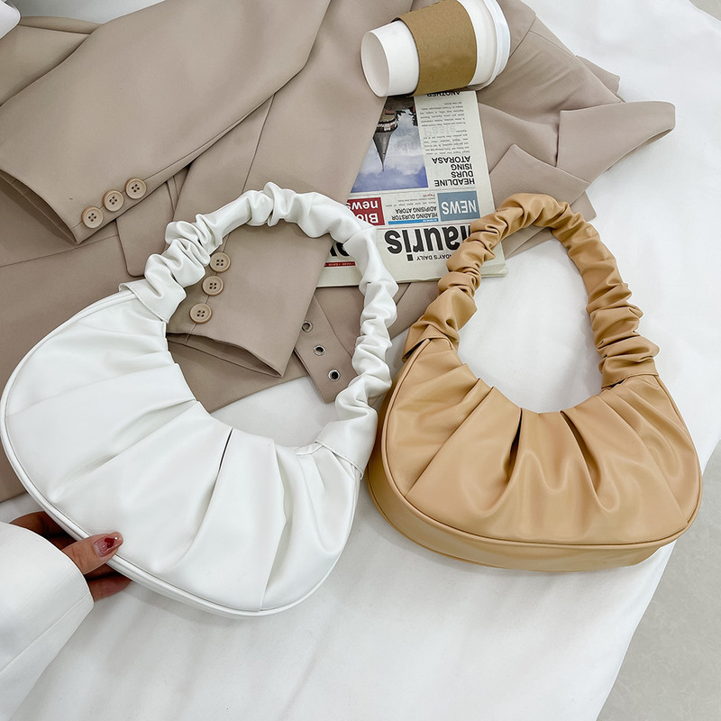 Suvised plisseeritud käepidemega kotid naistele Uued PU pilvekotid Vaba aeg Kaenlaaukott Ostlemine Õlakotid Pelmeen Käekott Naiste Kangad 