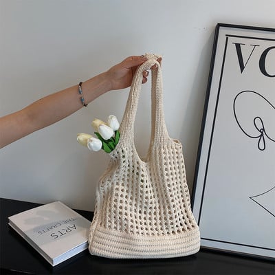 Geantă de plajă din croșetat pentru femei, geantă de băcănie goală, de capacitate mare