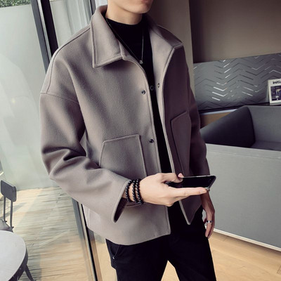 Μπουφάν Ανδρικά φθινοπωρινά χειμωνιάτικα μπουφάν Φαρδιά μάλλινο παλτό Κοντό μονόχρωμο γιακά γυριστό μπλουζάκι με μονόστομο τσέπες