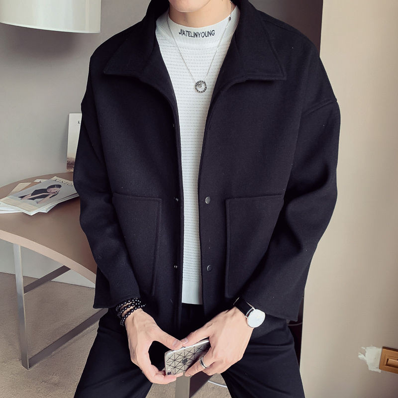 Μπουφάν Ανδρικά φθινοπωρινά χειμωνιάτικα μπουφάν Φαρδιά μάλλινο παλτό Κοντό μονόχρωμο γιακά γυριστό μπλουζάκι με μονόστομο τσέπες