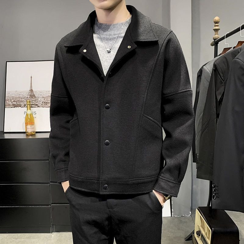 Μπουφάν Ανδρικά φθινοπωρινά χειμωνιάτικα μπουφάν Φαρδιά μάλλινο παλτό Κοντό μονόχρωμο γιακά γυριστό μπλουζάκι με μονόστομο τσέπες