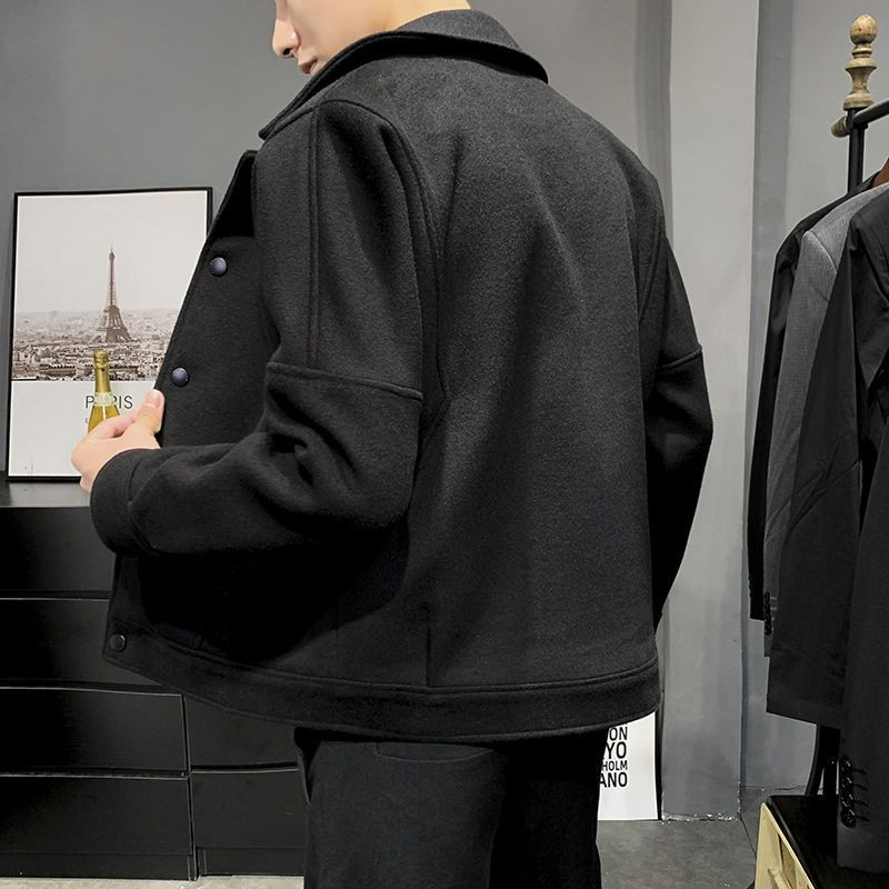 Μπουφάν Ανδρικά φθινοπωρινά χειμωνιάτικα μπουφάν Φαρδιά μάλλινο παλτό Κοντό μονόχρωμο γιακά γυριστό μπλουζάκι με μονόστομο τσέπες