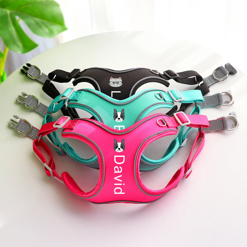 Set personalizat de lesă pentru ham pentru câini, reflectorizant, fără tragere, ham pentru vestă moale, nume personalizat de identificare pentru câini mici, mijlocii mari, Pitbull