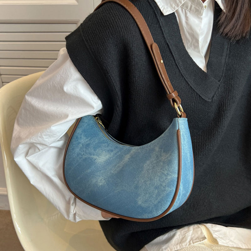 Γυναικεία τζιν τσάντα ώμου μεγάλης χωρητικότητας Half Moon Tote λουράκι Ρυθμιζόμενη Fashion Crescent Τσάντα μασχάλης Casual Commuting Τσάντα