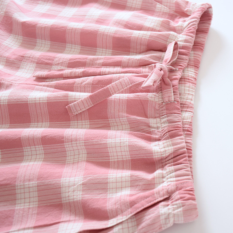 Fdfklak japán kockás pizsama nadrág Női nyári rövidnadrág vékony 100% kétrétegű géz pamut Otthoni nadrág шорты женские летние