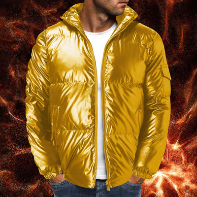 Μπουφάν μονόχρωμο με αντανακλαστικό ανδρικό γιακά Χοντρό φαρδύ μπουφάν και αντρικό βαμβακερό όρθιο