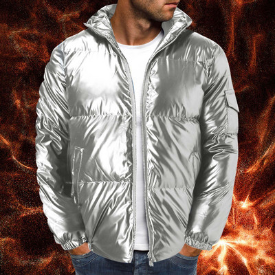 Μπουφάν μονόχρωμο με αντανακλαστικό ανδρικό γιακά Χοντρό φαρδύ μπουφάν και αντρικό βαμβακερό όρθιο