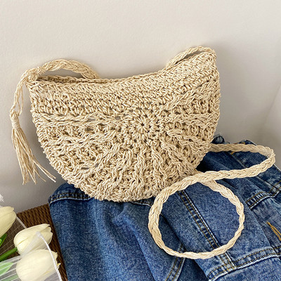 Γυναικεία ημικυκλική τσάντα χιαστί κούφια έξω Καλοκαιρινή τσάντα αλήτης Απαλή μονόχρωμη υφασμένη τσάντα για γυναίκες κορίτσια