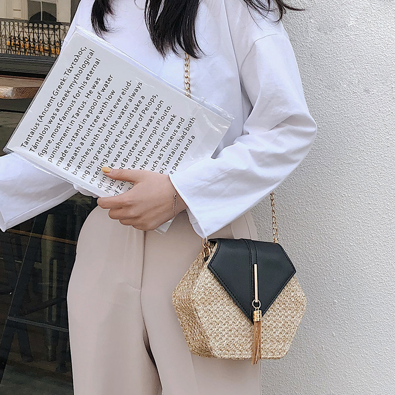 Noua geantă de mână cu paie și piele în formă de hexagonal pentru femei, geantă din ratan din paie, lucrată manual, geantă de umăr boemia țesătă manual