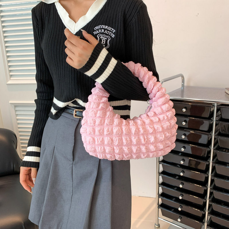Naiste tepitud pelmeenikott Pehme plisseeritud kandekott Moodne puhvis kandekott Käekott vabaaja lukuga tüdrukule rahakott