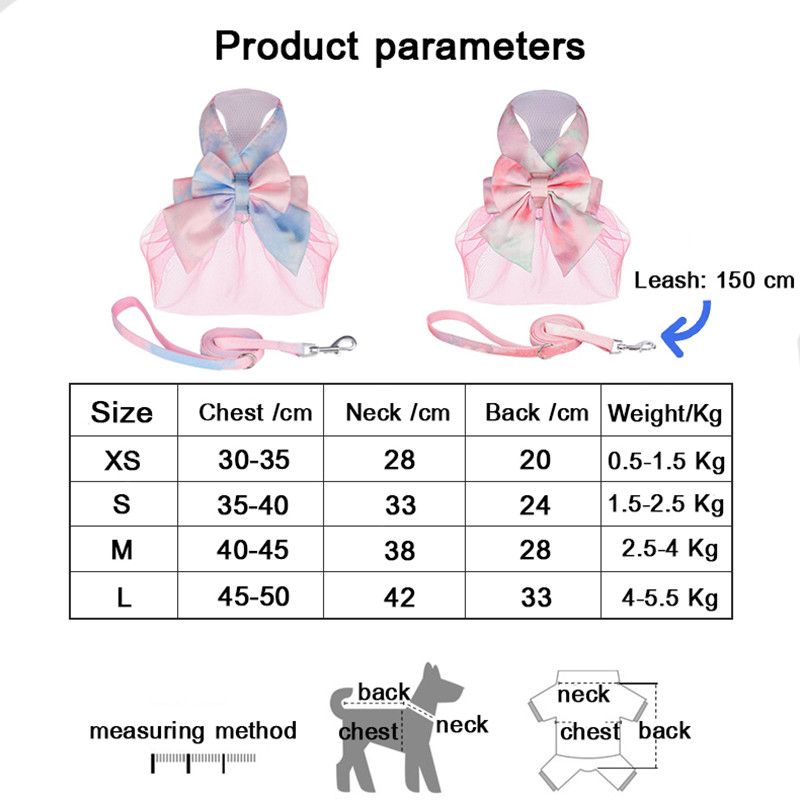 Φούστα με κολάρο σκύλου με φιόγκο Χαριτωμένο λουρί για κατοικίδια με λουρί στήθους σχοινί έλξης γάτα σκυλιά Ρούχα λουρί Γιλέκο Princess Tutu φόρεμα Φούστα