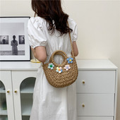 Geantă de mână pentru femei, pe jumătate rotundă, din ratan, cu paie, de vară, pentru plajă, pentru femei, genți de umăr pentru fete