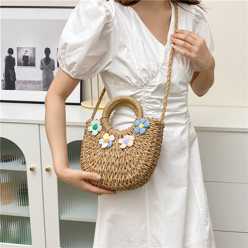 Geantă de mână pentru femei, pe jumătate rotundă, din ratan, cu paie, de vară, pentru plajă, pentru femei, genți de umăr pentru fete