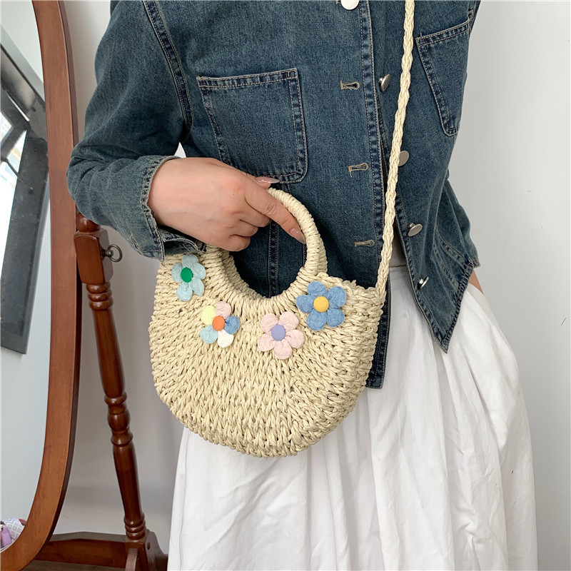 Geantă de mână pentru femei, pe jumătate rotundă, din ratan, cu paie, de vară, pentru plajă, pentru femei, genți de umăr pentru fete