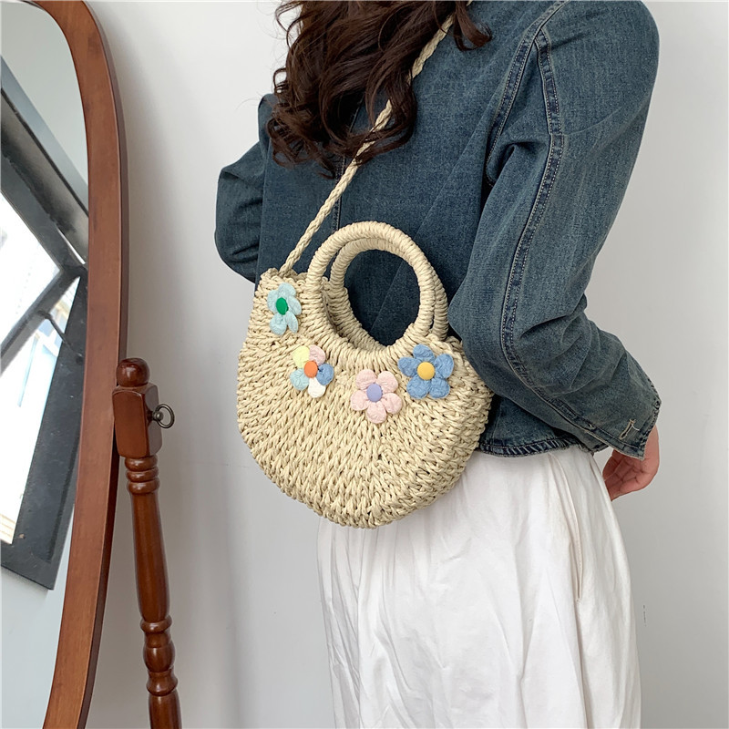 Geantă de mână pentru femei, pe jumătate rotundă, din ratan, cu paie, de vară, pentru plajă, pentru femei, genți de umăr pentru fete