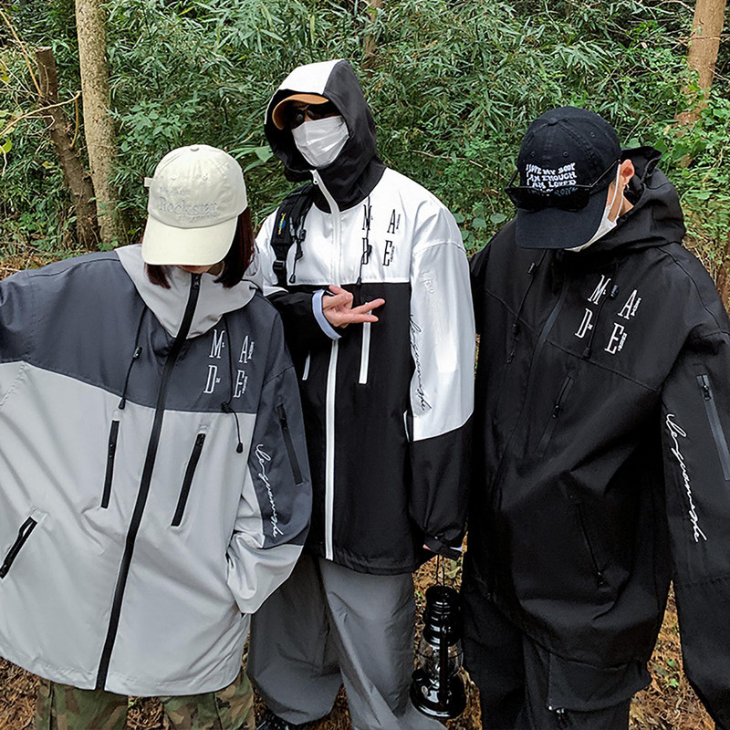 Ανδρικό Hop Χρώμα Ανδρικό τζάκετ Hip Μπουφάν με κουκούλα Μονόχρωμο παλτό εξωτερικού χώρου Splicing δύο μακρυμάνικα τυπωμένα χειμερινά παλτό