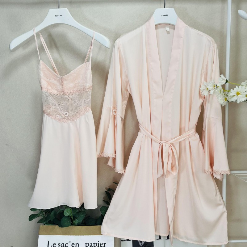 Set de halate pentru femeie de vară, 2 buc., haine de noapte, sexy, din dantela, cămașă de noapte, halat de baie, pentru femei, satin, acasă.