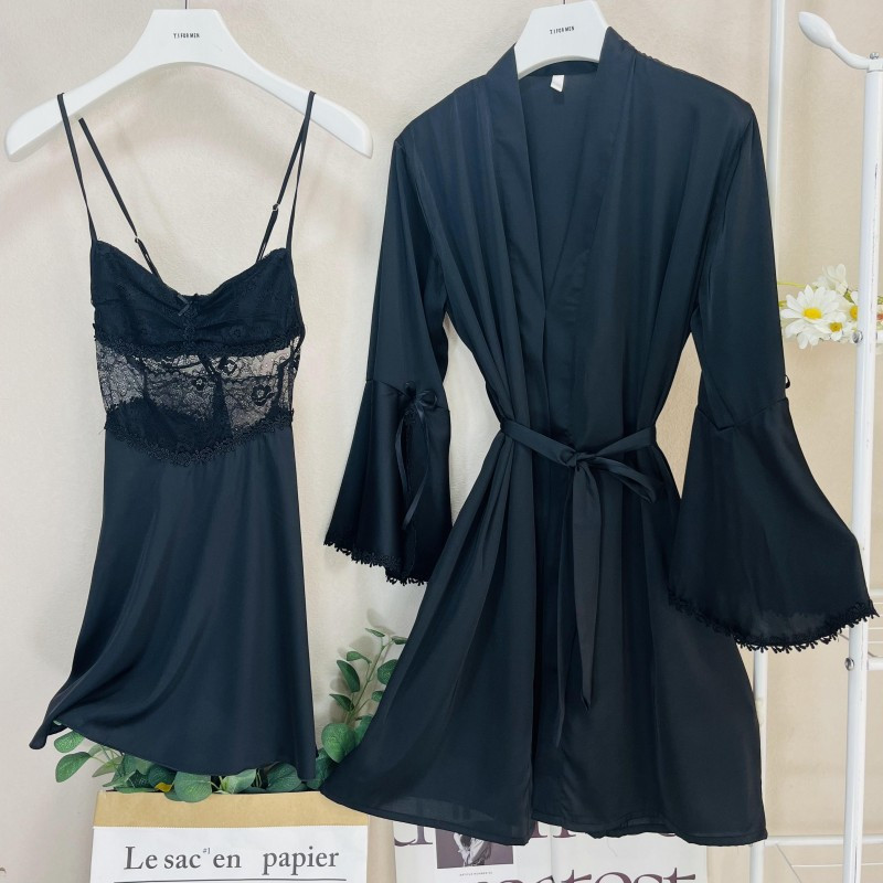 Set de halate pentru femeie de vară, 2 buc., haine de noapte, sexy, din dantela, cămașă de noapte, halat de baie, pentru femei, satin, acasă.