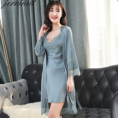 Jerrinut Silk Robe Νυχτικό Καλοκαιρινό φόρεμα με δαντέλα Νυχτερινό φόρεμα Sleepwear Nightie Homewear ML XL 2XL Εσώρουχα μπουρνούζι