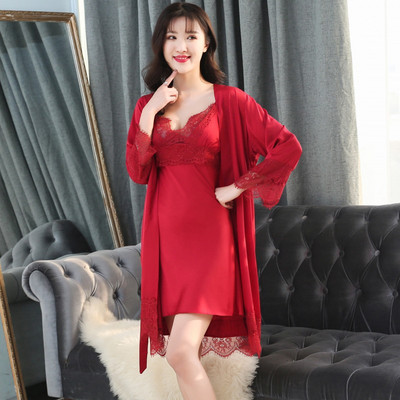Jerrinut Silk Robe Νυχτικό Καλοκαιρινό φόρεμα με δαντέλα Νυχτερινό φόρεμα Sleepwear Nightie Homewear ML XL 2XL Εσώρουχα μπουρνούζι