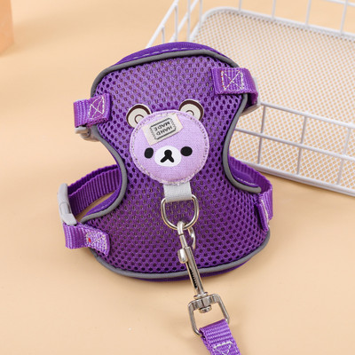 Set de ham și lesă pentru câini și pisici din plasă de nailon, model de urs din desene animate, ham cu vestă reflectorizantă reglabilă pentru câini de talie mică