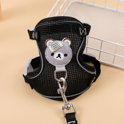 Set de ham și lesă pentru câini și pisici din plasă de nailon, model de urs din desene animate, ham cu vestă reflectorizantă reglabilă pentru câini de talie mică